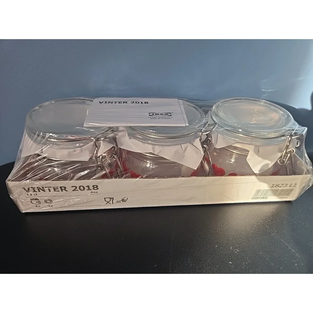 IKEA VINTER 2018 Glass Red Heart 3 Pack Jars‎ Jar Airtight lid 4oz Preserves NEW